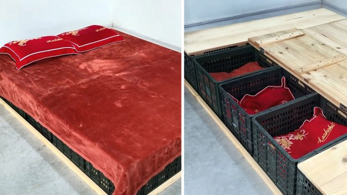 Кровать из пластиковых овощных ящиков с многочисленными местами для хранения Кровать из пластиковых овощных ящиков с многочисленными местами для хранения